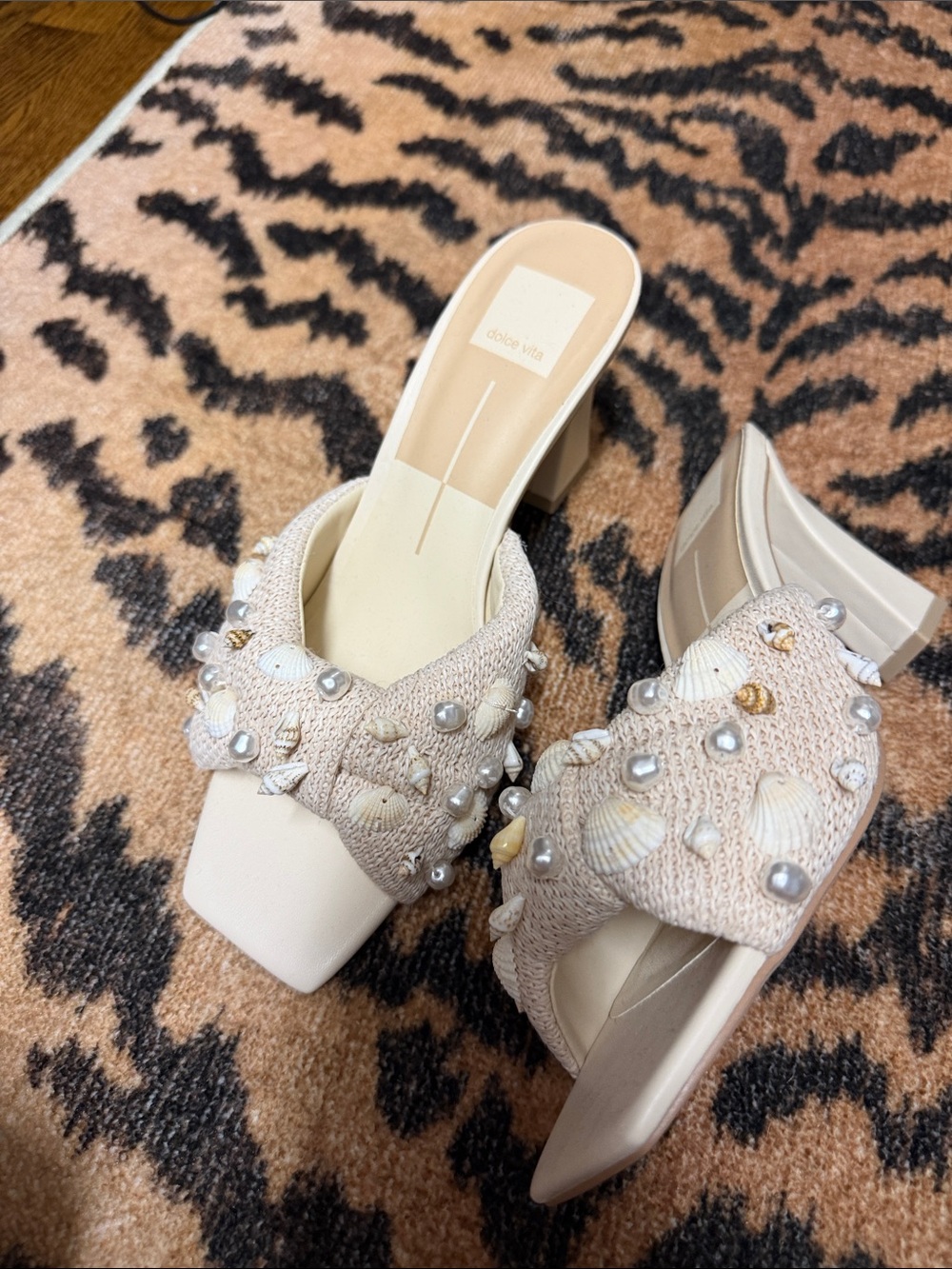 Dolce Vita Beige Beaded Shell Knit Mule Heels
